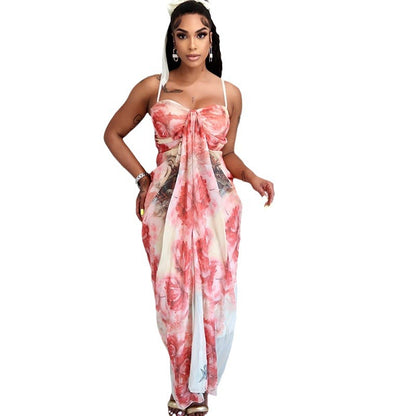 Digital Printing Chest Wrap Sleeveless Pleated Back