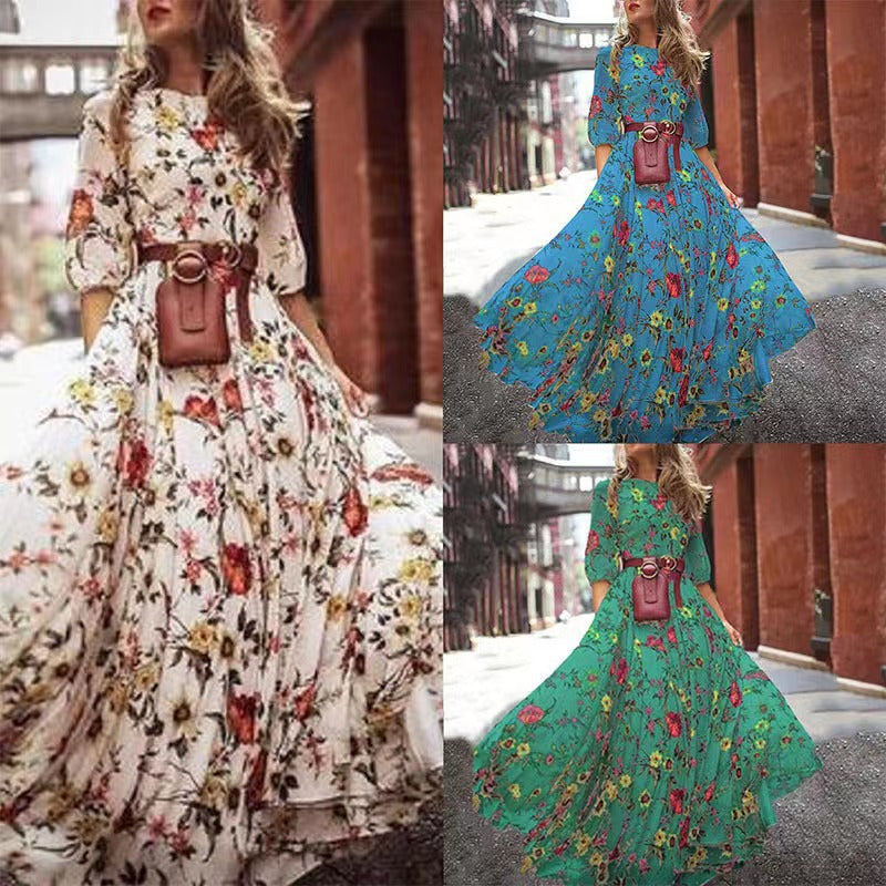 Round neck floral dress with large swing in commuter style