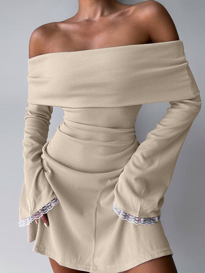 One-shoulder trumpet long-sleeved mini dress with lace trim