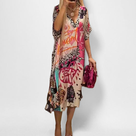 New fashionable temperament leisure leopard color printing deep V-neck five-quarter sleeve dress
