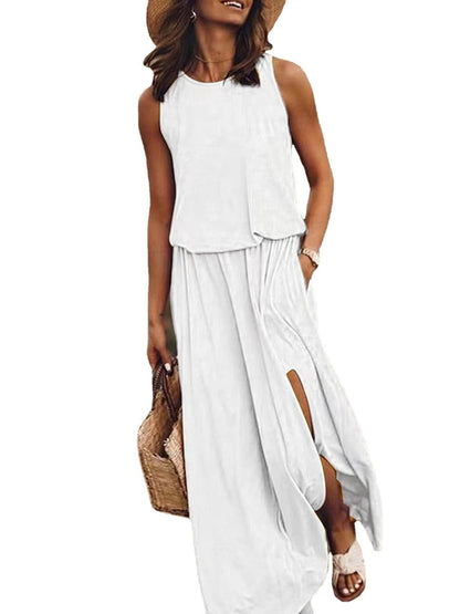 New Vacation Style Solid Color Round Collar Sleeveless Sling Lantern Split Dress Long Skirt
