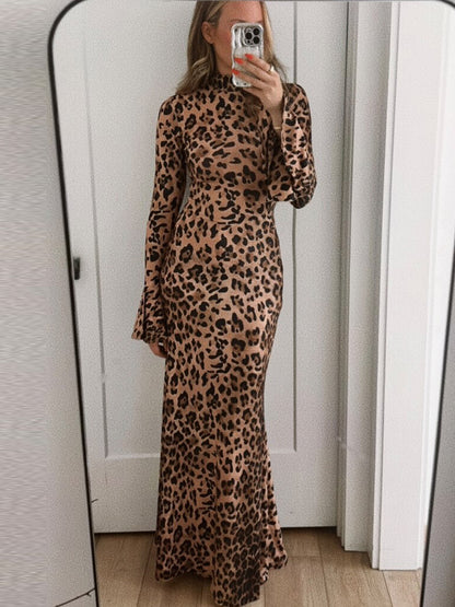 Leopard print maxi dress high collar long sleeves temperament slim fit dress