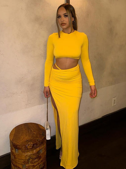 Solid color long sleeve round neck pleated slit long skirt two piece set