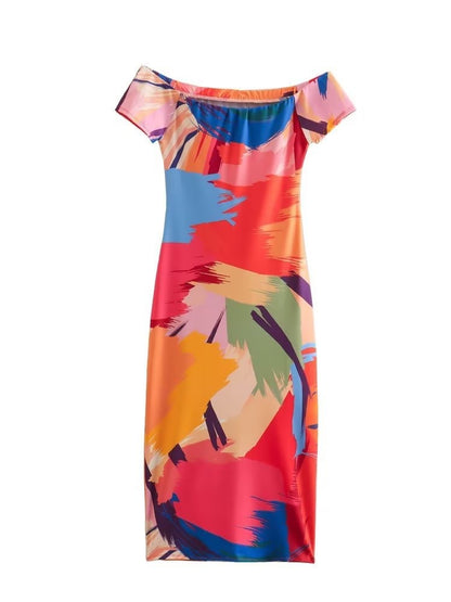 One-piece collar strapless Slim thin package hip printed minstrel short-sleeved dress women's clothing