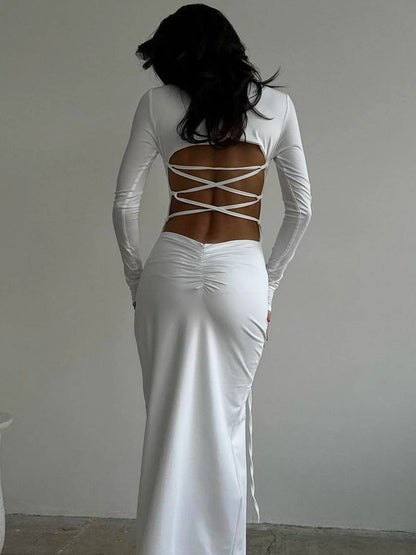 Round neck long sleeve lace-up open back slit hip dress