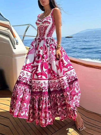 Elegant mid-length large-swing printed halter dress