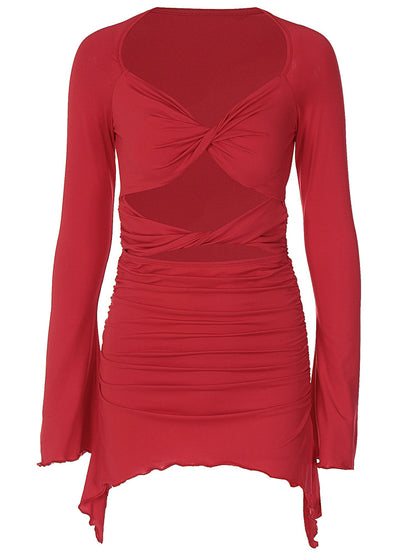 Long-sleeved wavy edge hollow pleated hip dress