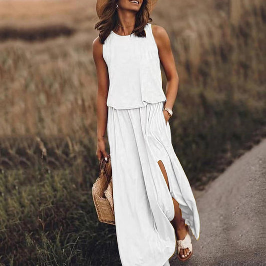 New Vacation Style Solid Color Round Collar Sleeveless Sling Lantern Split Dress Long Skirt