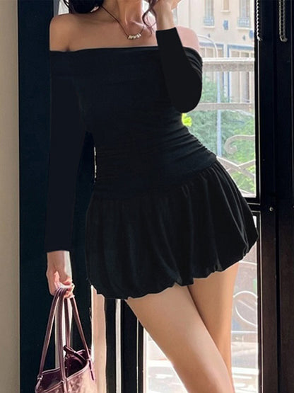 Fashion one-shoulder long-sleeved off-shoulder short dress