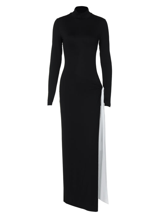 High collar, long sleeves, sexy slit, contrasting color ribbon fashion dress