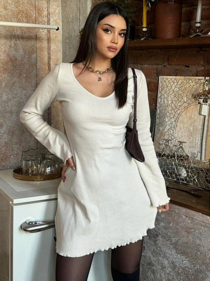 Solid color ribbed fashionable long sleeve waist dress