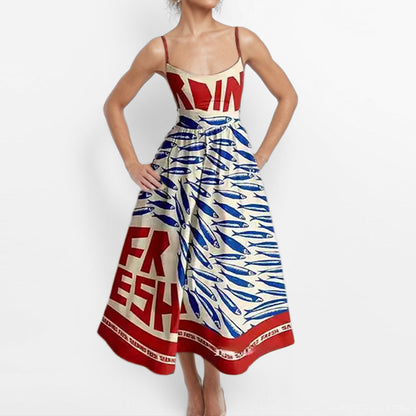 Dress Solid Color Sexy U Neck Waisted Pleated Halter Swing Dress