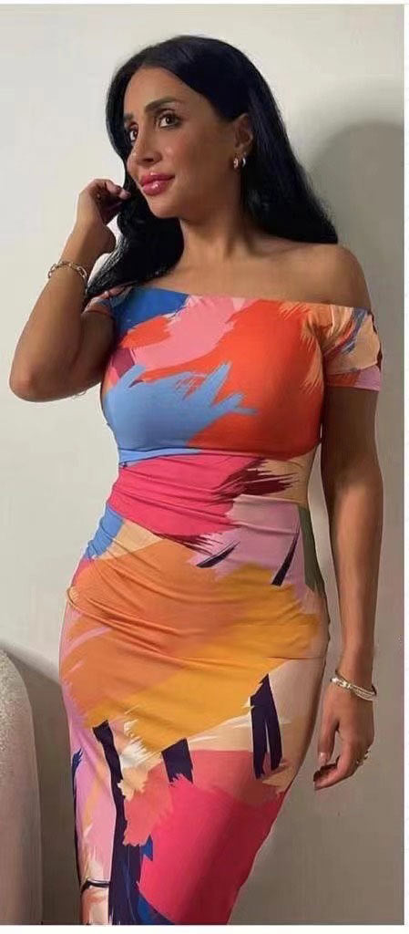 One-piece collar strapless Slim thin package hip printed minstrel short-sleeved dress women's clothing