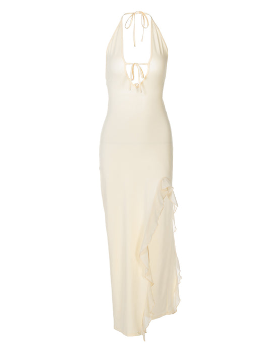 Fashionable sexy V-neck halter dress with ruffles