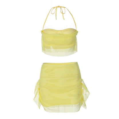 Mesh patchwork busty skirt two-piece set
