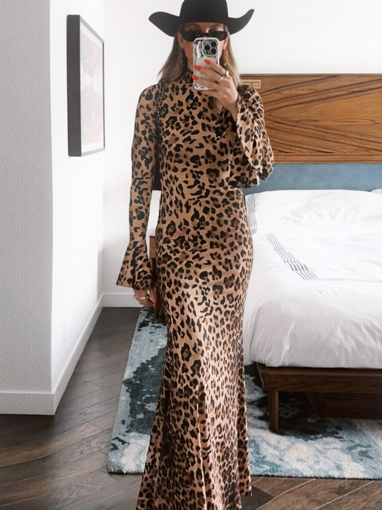Leopard print maxi dress high collar long sleeves temperament slim fit dress