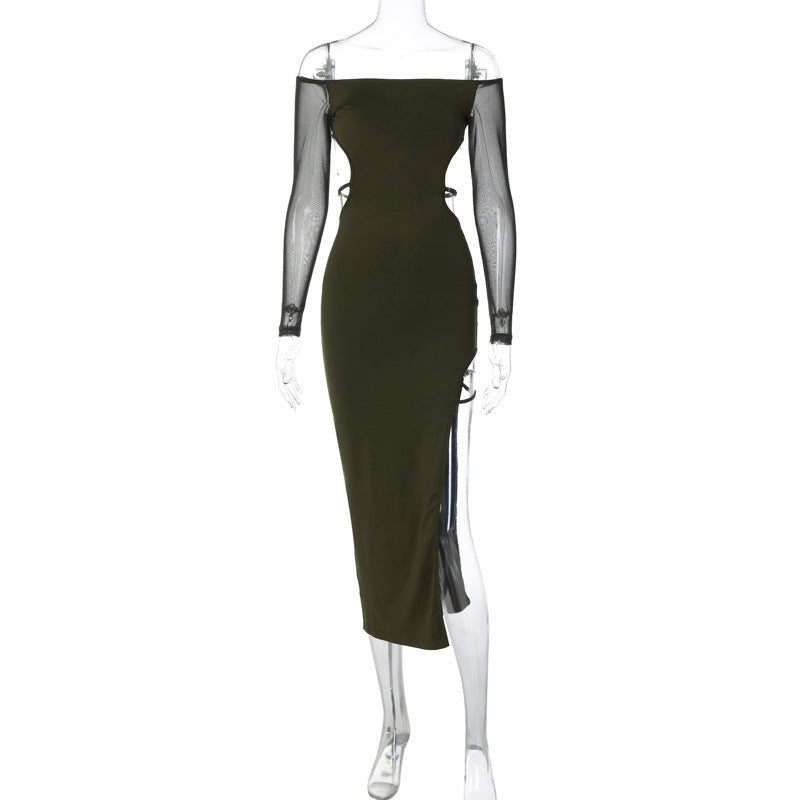 Off-shoulder backless long-sleeved midi dress