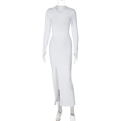 Round neck long sleeve lace-up open back slit hip dress