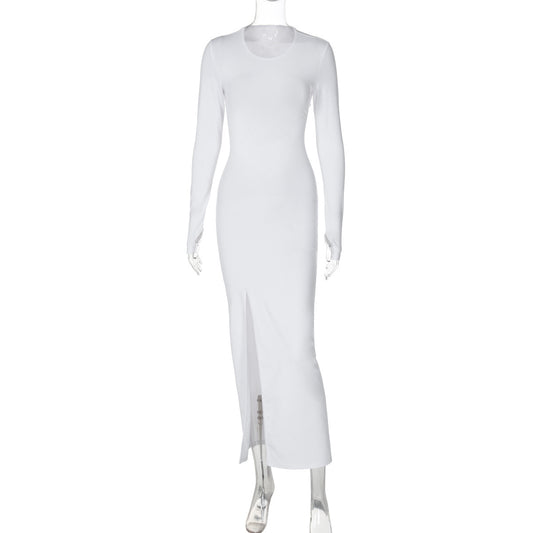 Round neck long sleeve lace-up open back slit hip dress