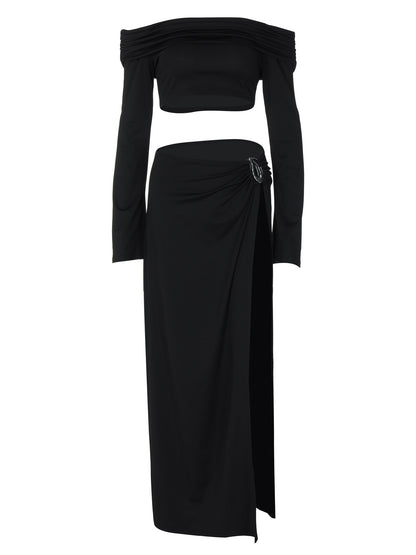 One-shoulder long-sleeved wrap-around sexy high-slit skirt two-piece suit