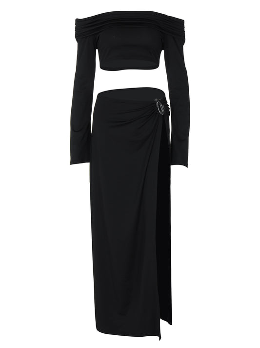 One-shoulder long-sleeved wrap-around sexy high-slit skirt two-piece suit