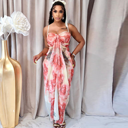 Digital Printing Chest Wrap Sleeveless Pleated Back