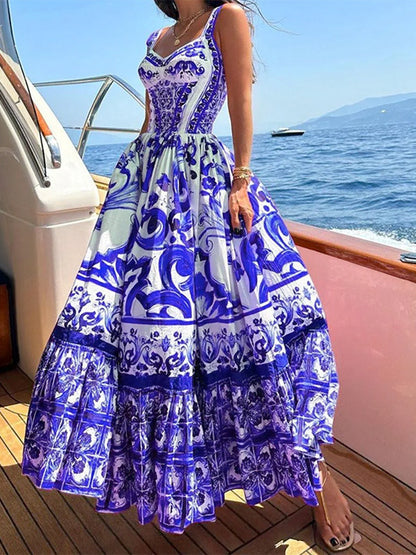 Elegant mid-length large-swing printed halter dress