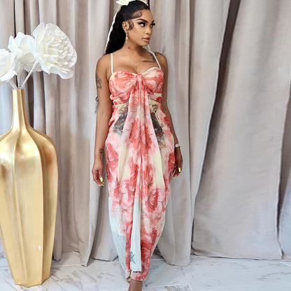 Digital Printing Chest Wrap Sleeveless Pleated Back
