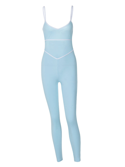 Contrast color stitching suspender back slim jumpsuit