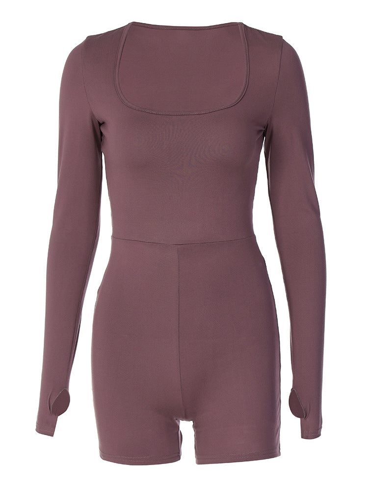 Long-sleeved U-neck hollow high-waist hip-lifting jumpsuit