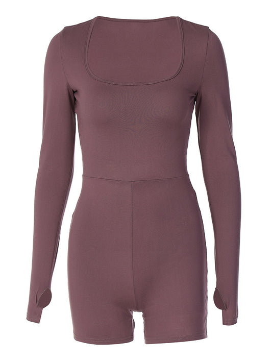 Long-sleeved U-neck hollow high-waist hip-lifting jumpsuit