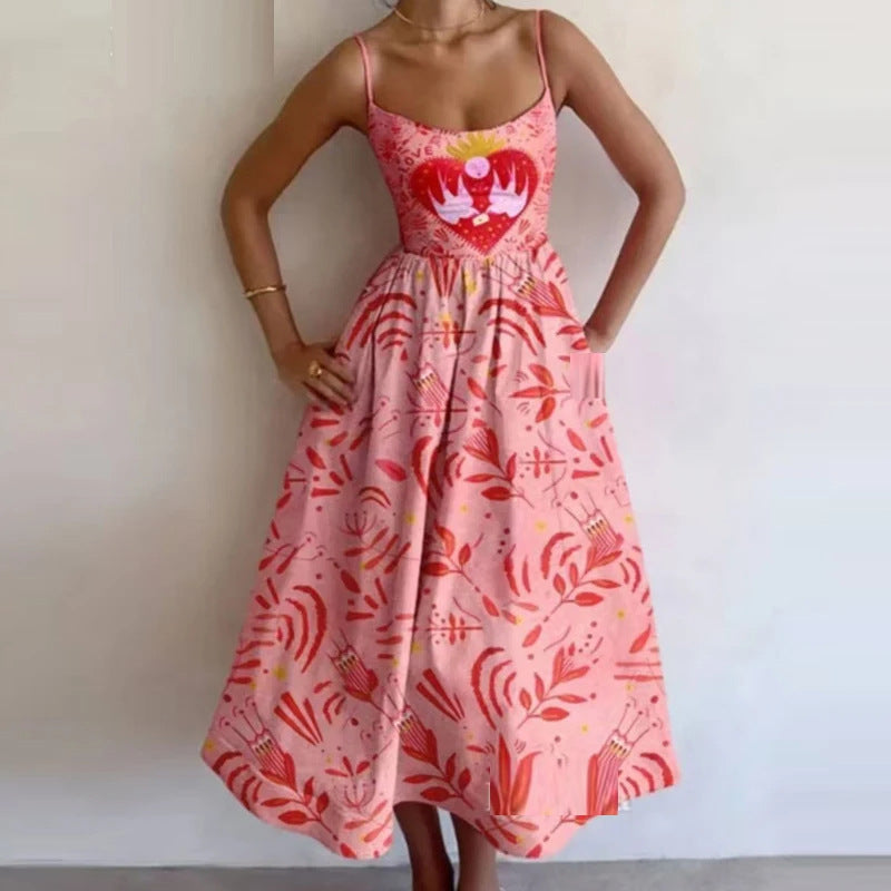 Dress Solid Color Sexy U Neck Waisted Pleated Halter Swing Dress