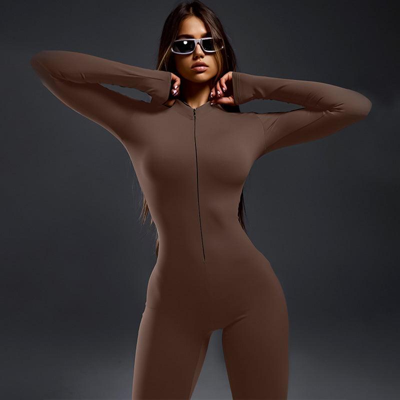 Fashion solid color tight zipper sports yoga jumpsuit