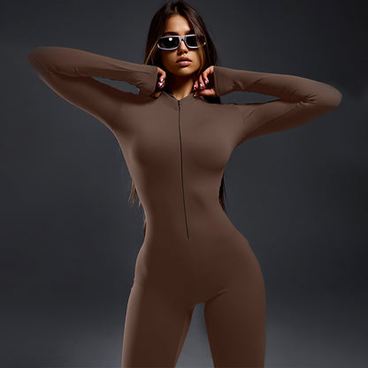 Fashion solid color tight zipper sports yoga jumpsuit