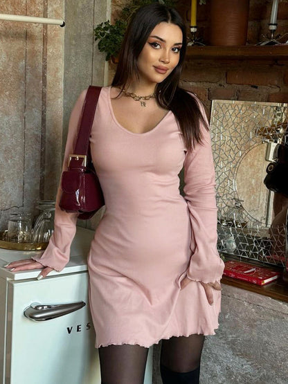 Solid color ribbed fashionable long sleeve waist dress