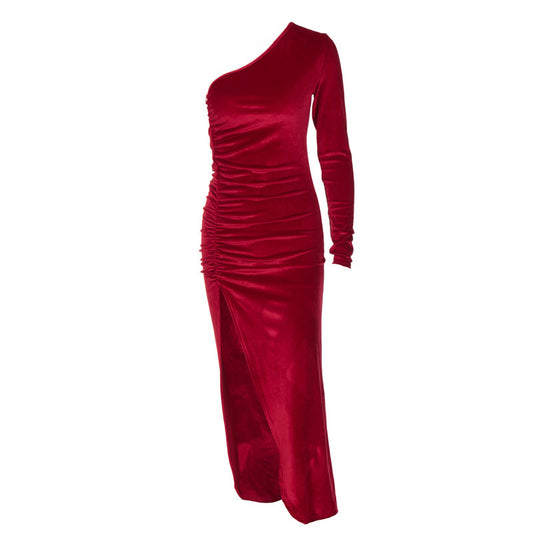 Fashion off-shoulder long-sleeved slim fit ruffled slit dress
