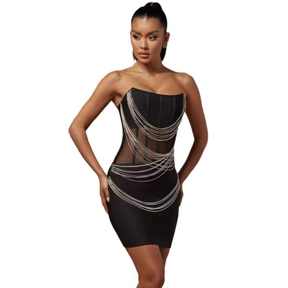 One-shoulder sister breast-smoothing package hip short dress hot drill sexy Slim dress