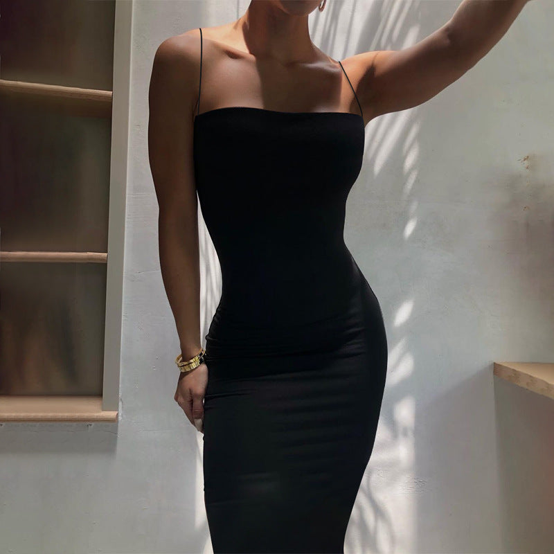 Fashionable slim fit suspender long dress