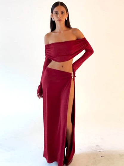 One-shoulder long-sleeved wrap-around sexy high-slit skirt two-piece suit