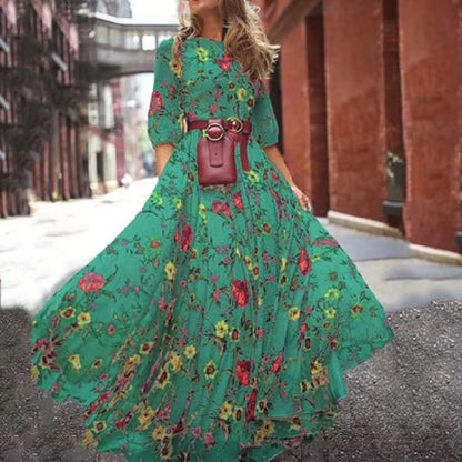Round neck floral dress with large swing in commuter style