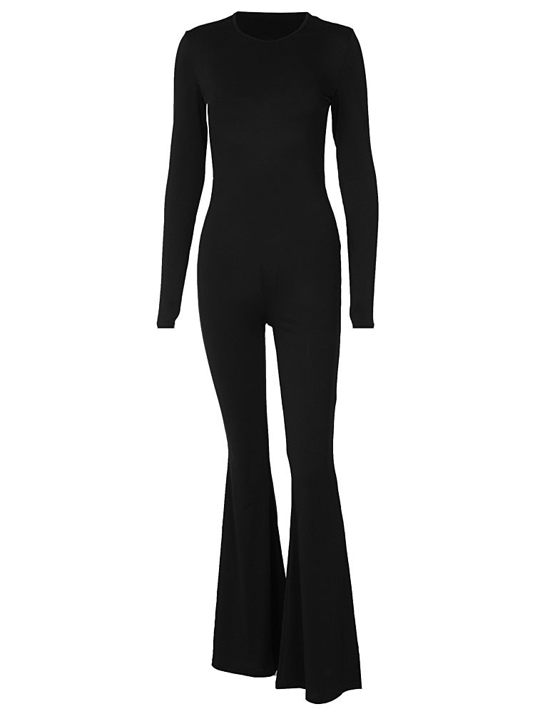 Backless Long Sleeve Flared Slim Hip Lifting Jumpsuit