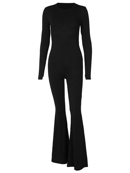 Backless Long Sleeve Flared Slim Hip Lifting Jumpsuit