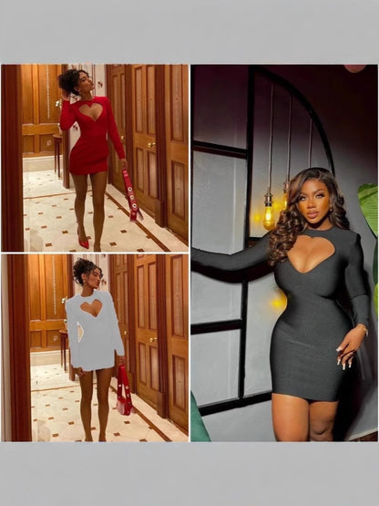 New Women's Round Collar Sexy Hollow Heart Shape Long Sleeve Dresses