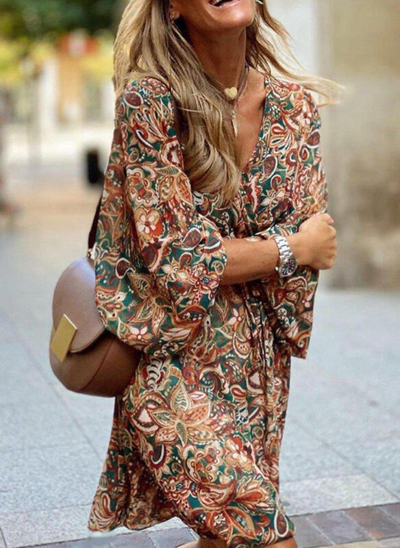 Midi Pullover Midi Dress Short Sleeve Printed Loose Dress