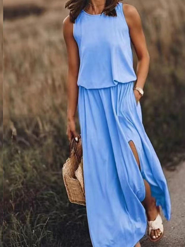New Vacation Style Solid Color Round Collar Sleeveless Sling Lantern Split Dress Long Skirt