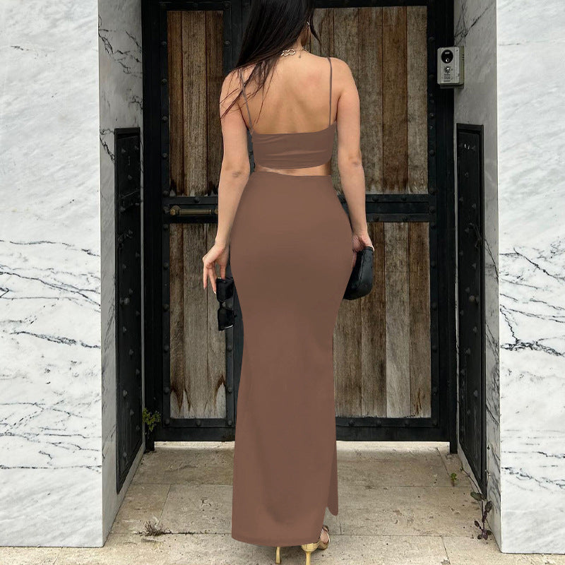 Solid color suspender wrap chest fashionable hip long skirt suit