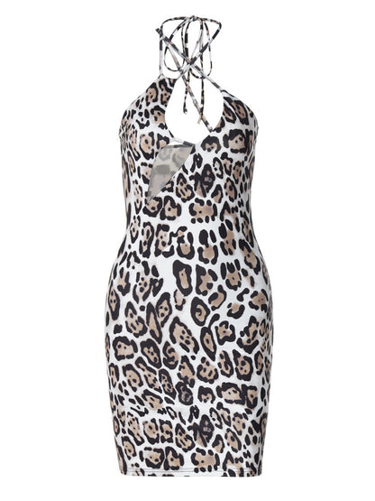Fashion Print Lace-up Halter Neck Sexy Slim Fit Hip Dress