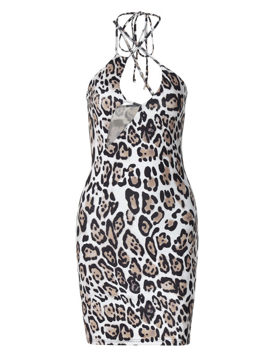 Fashion Print Lace-up Halter Neck Sexy Slim Fit Hip Dress