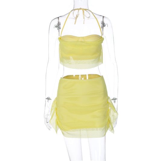 Mesh patchwork busty skirt two-piece set