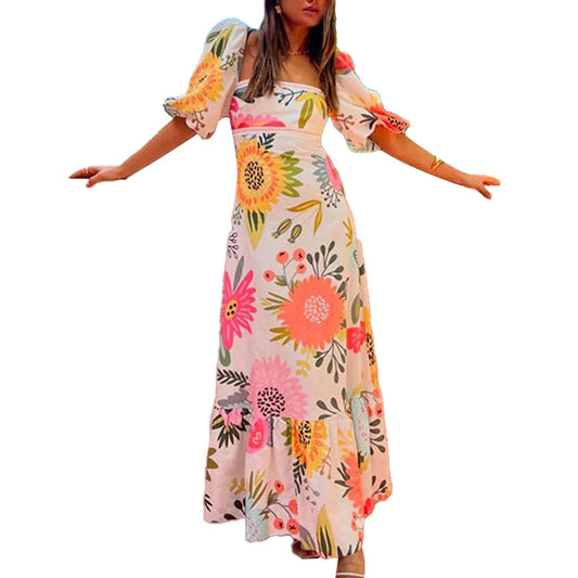 Women's fashion one-piece collar printed bubble short-sleeve oversized swing dress female